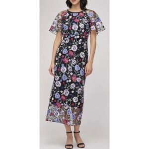 JS Collections Black Embroidered Floral Mesh Cocktail Midi Dress Size 12 $288